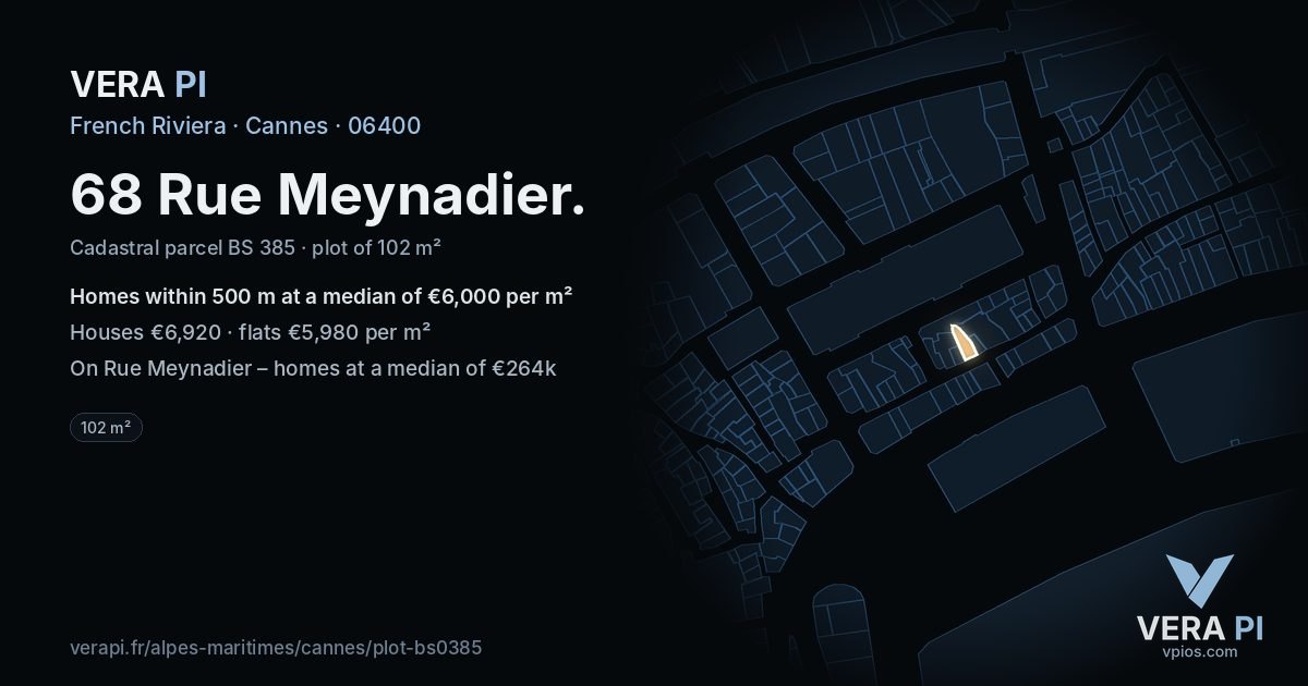 68 Rue Meynadier, Cannes at night – the plot lit, the parcels around coloured by the prices near them