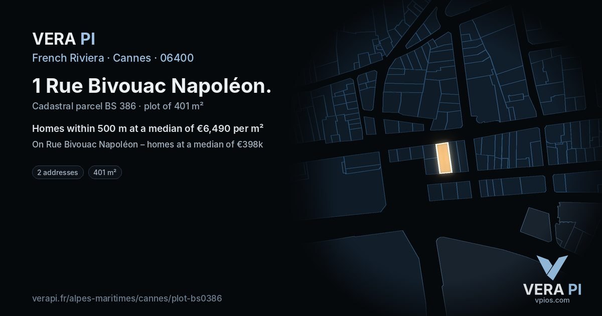 1 Rue Bivouac Napoléon, Cannes at night – the plot lit, the parcels around coloured by the prices near them
