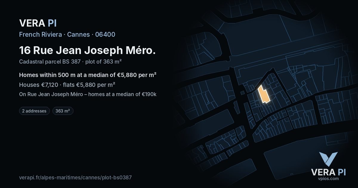 16 Rue Jean Joseph Méro, Cannes at night – the plot lit, the parcels around coloured by the prices near them