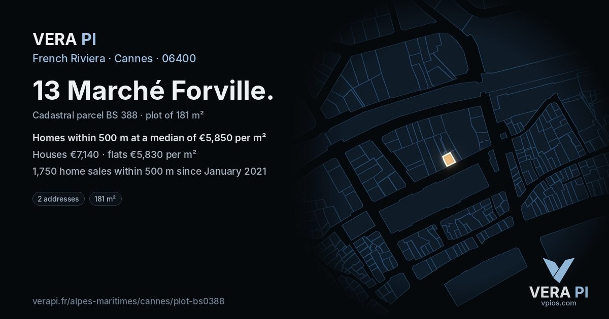 13 Marché Forville, Cannes at night – the plot lit, the parcels around coloured by the prices near them