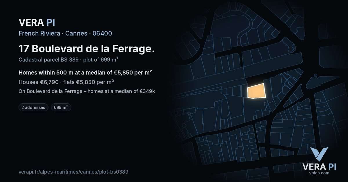 17 Boulevard de la Ferrage, Cannes at night – the plot lit, the parcels around coloured by the prices near them