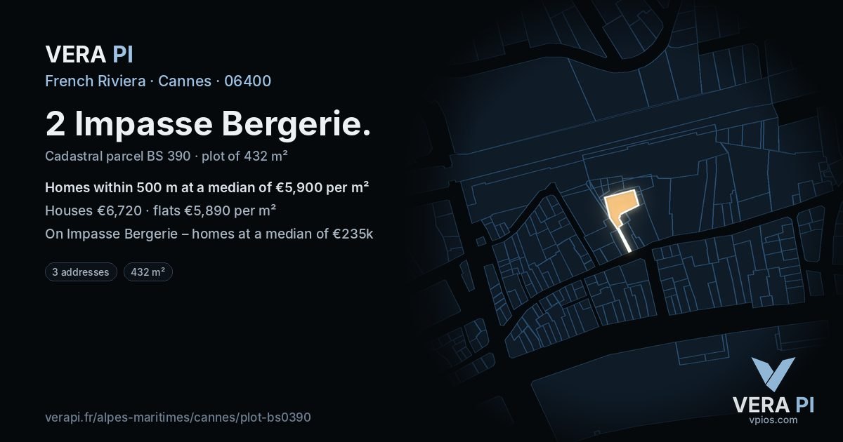 2 Impasse Bergerie, Cannes at night – the plot lit, the parcels around coloured by the prices near them