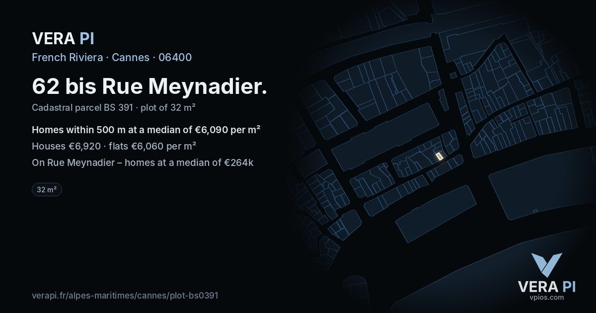 62 bis Rue Meynadier, Cannes at night – the plot lit, the parcels around coloured by the prices near them