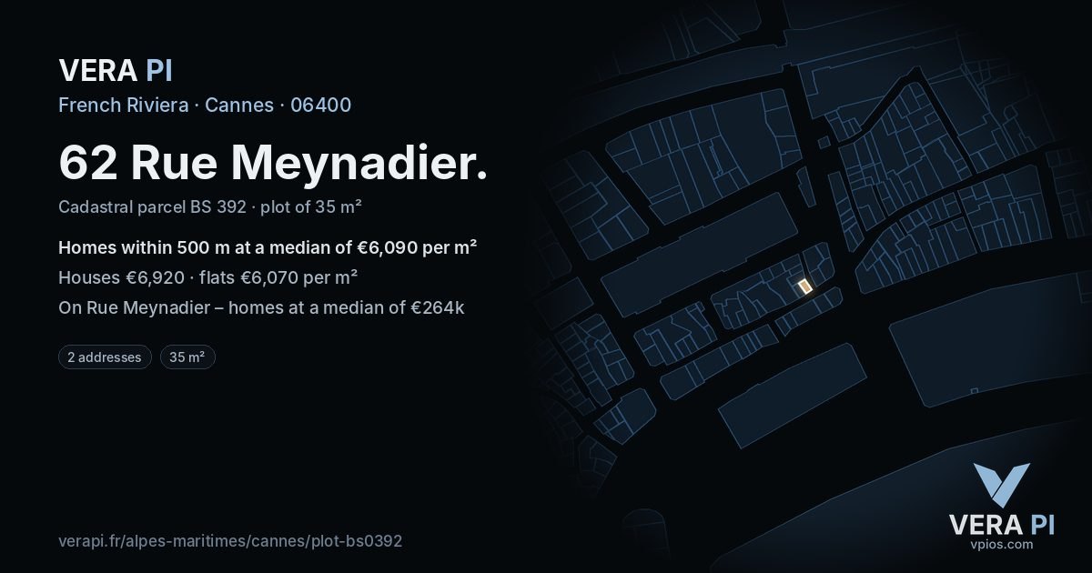62 Rue Meynadier, Cannes at night – the plot lit, the parcels around coloured by the prices near them