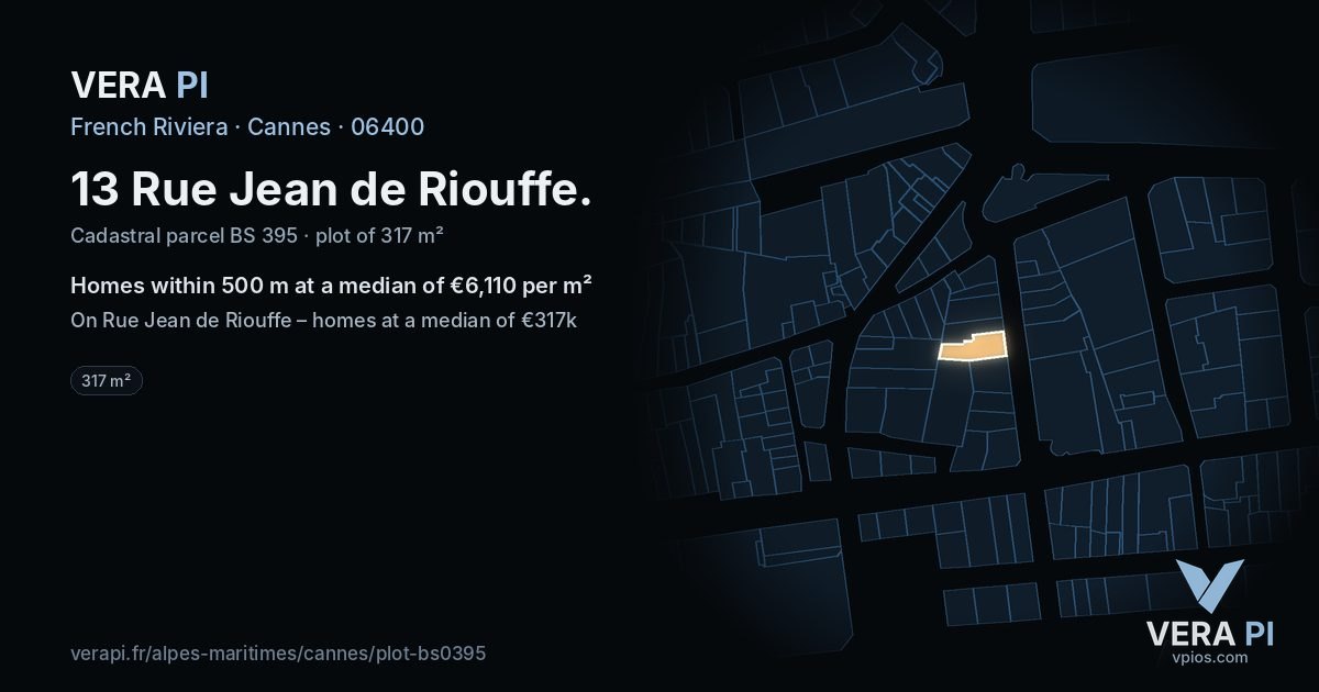 13 Rue Jean de Riouffe, Cannes at night – the plot lit, the parcels around coloured by the prices near them