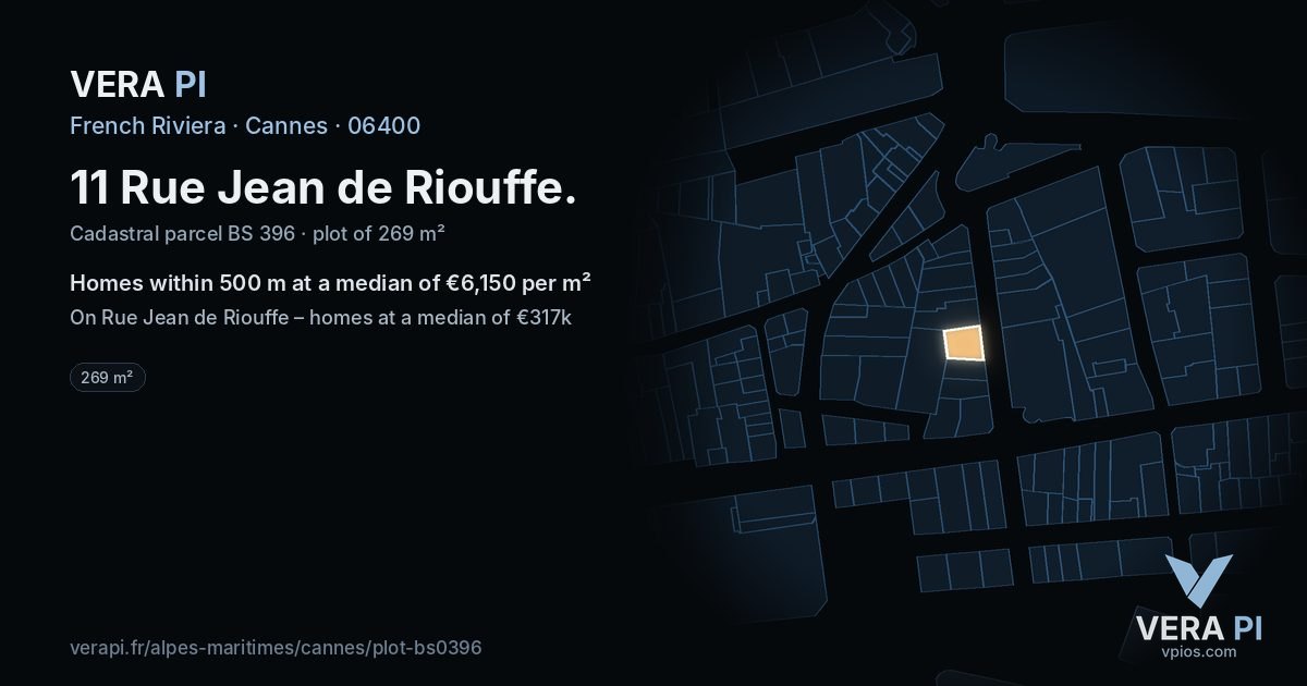 11 Rue Jean de Riouffe, Cannes at night – the plot lit, the parcels around coloured by the prices near them