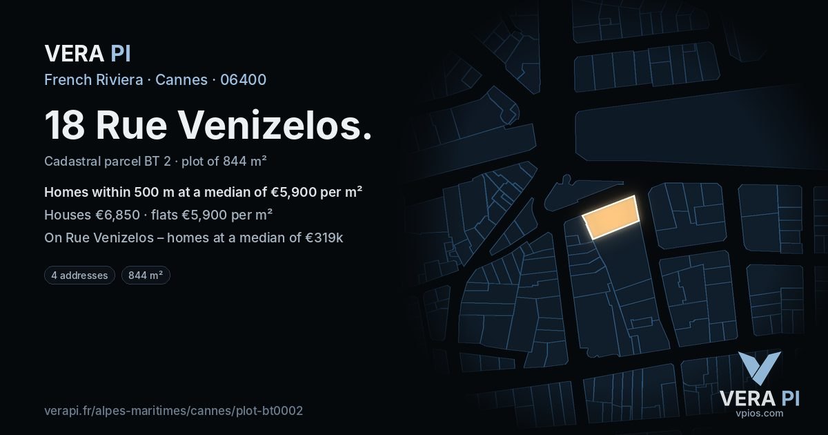 18 Rue Venizelos, Cannes at night – the plot lit, the parcels around coloured by the prices near them