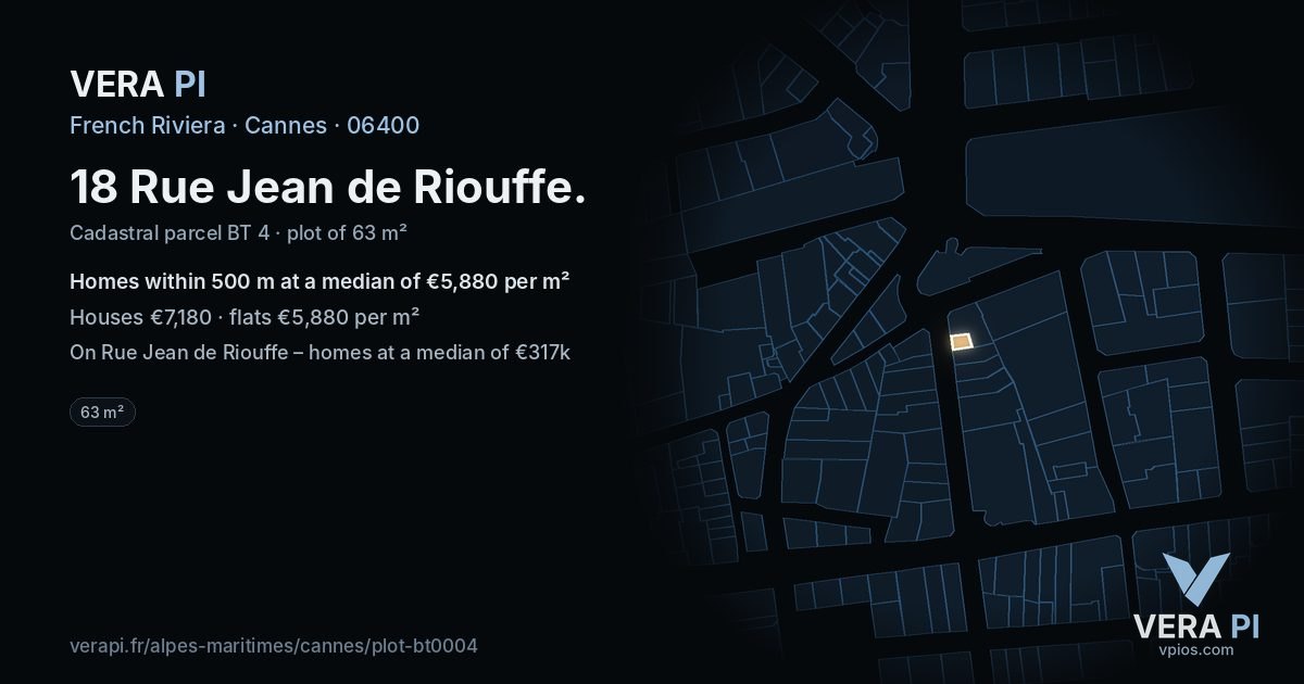 18 Rue Jean de Riouffe, Cannes at night – the plot lit, the parcels around coloured by the prices near them