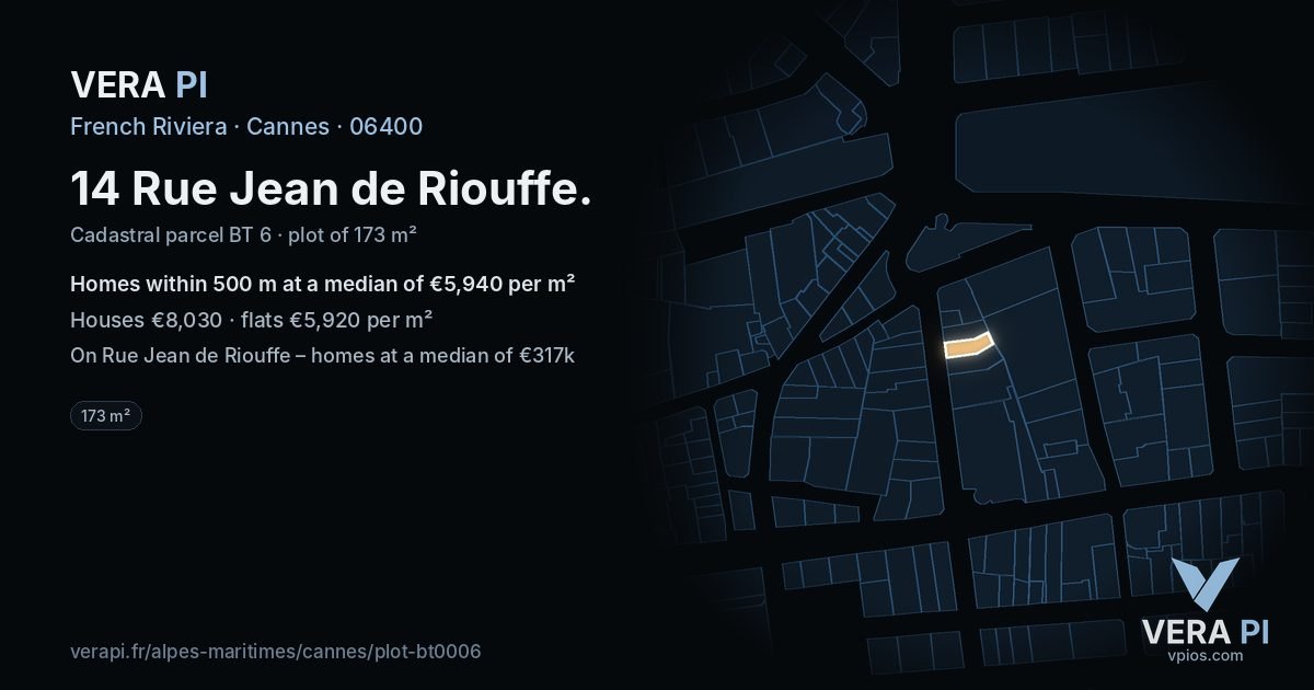 14 Rue Jean de Riouffe, Cannes at night – the plot lit, the parcels around coloured by the prices near them