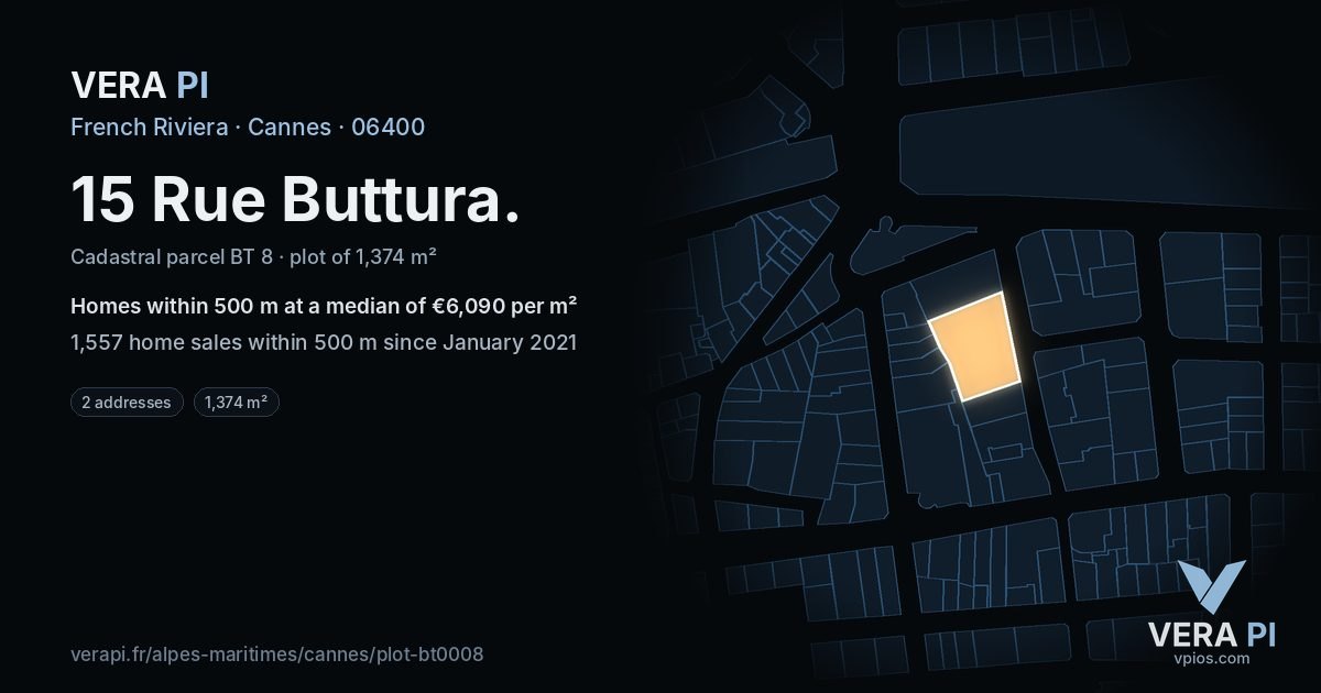 15 Rue Buttura, Cannes at night – the plot lit, the parcels around coloured by the prices near them