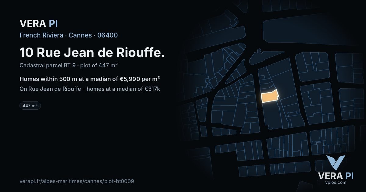 10 Rue Jean de Riouffe, Cannes at night – the plot lit, the parcels around coloured by the prices near them