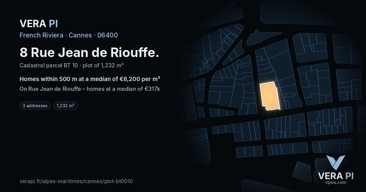 8 Rue Jean de Riouffe, Cannes at night – the plot lit, the parcels around coloured by the prices near them