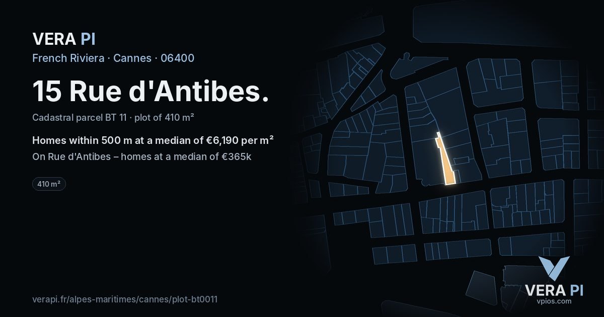 15 Rue d'Antibes, Cannes at night – the plot lit, the parcels around coloured by the prices near them