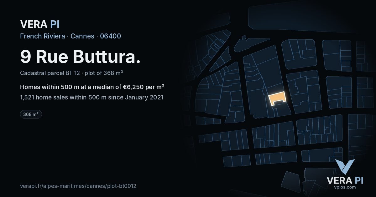 9 Rue Buttura, Cannes at night – the plot lit, the parcels around coloured by the prices near them