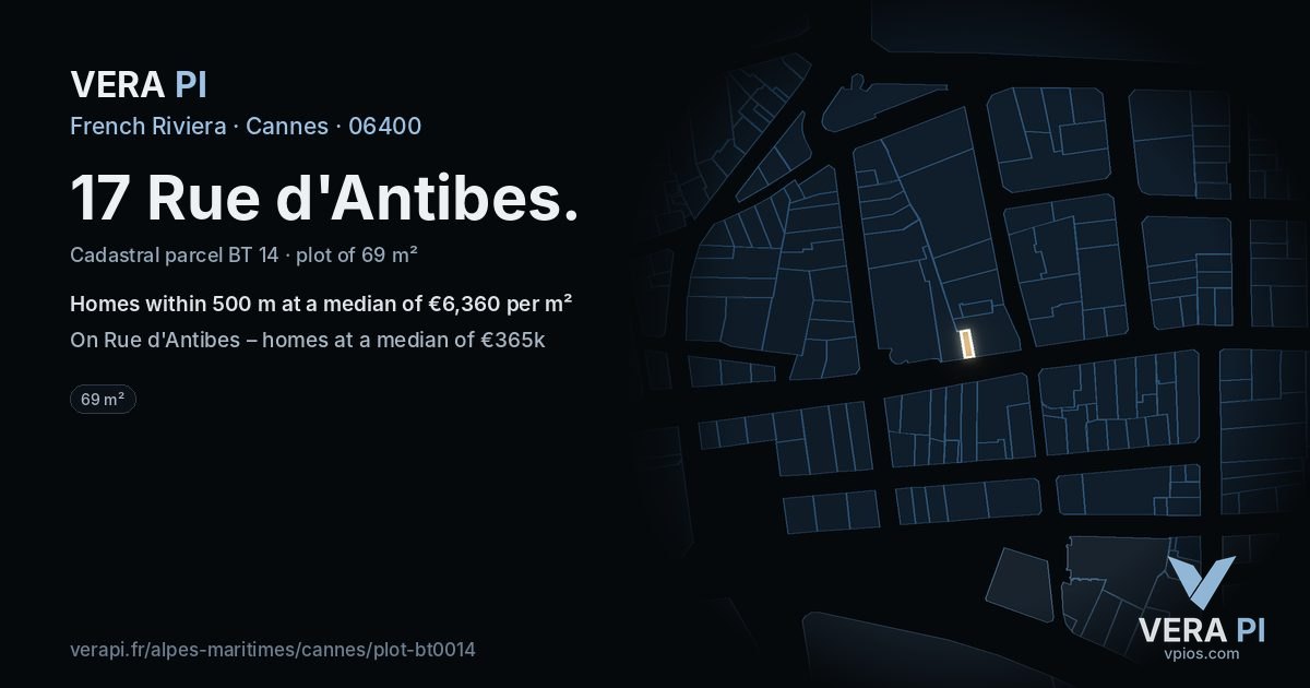 17 Rue d'Antibes, Cannes at night – the plot lit, the parcels around coloured by the prices near them