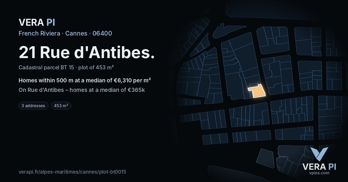 21 Rue d'Antibes, Cannes at night – the plot lit, the parcels around coloured by the prices near them