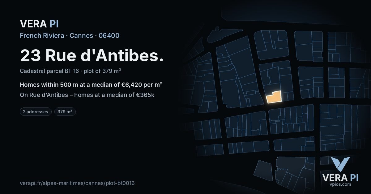 23 Rue d'Antibes, Cannes at night – the plot lit, the parcels around coloured by the prices near them