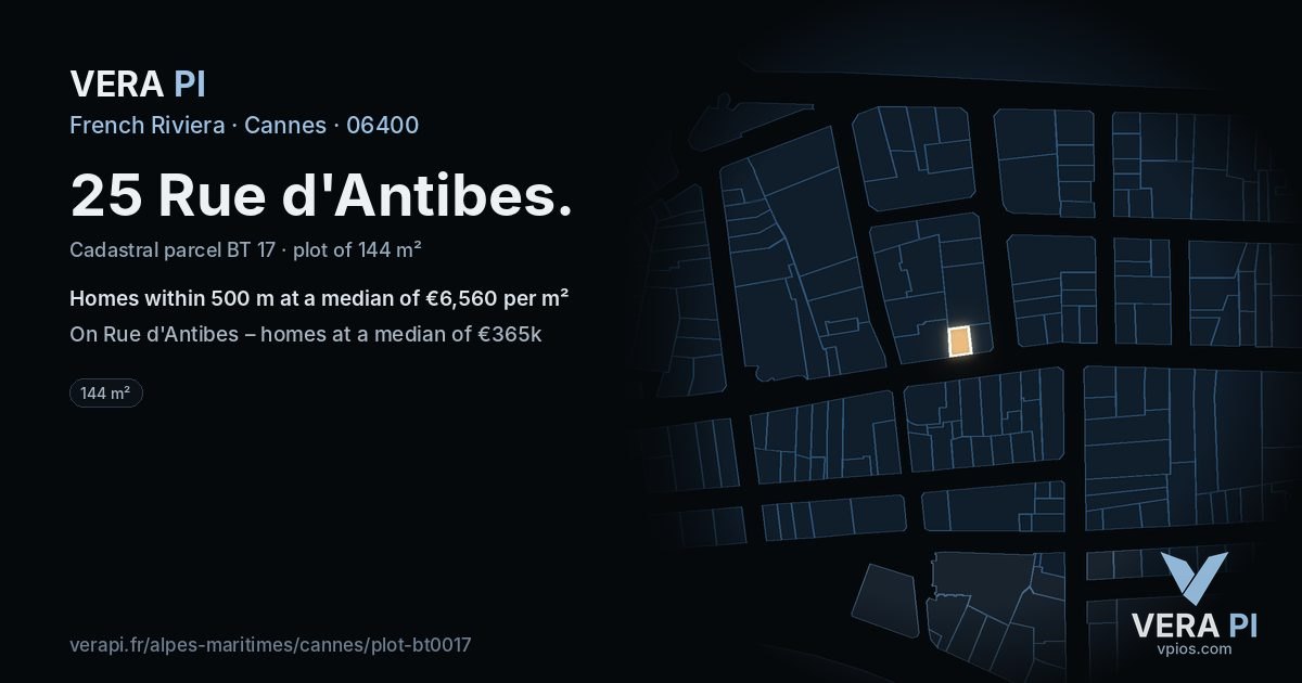 25 Rue d'Antibes, Cannes at night – the plot lit, the parcels around coloured by the prices near them