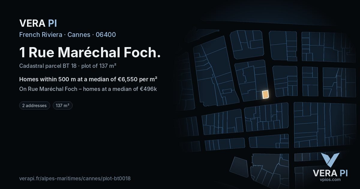 1 Rue Maréchal Foch, Cannes at night – the plot lit, the parcels around coloured by the prices near them