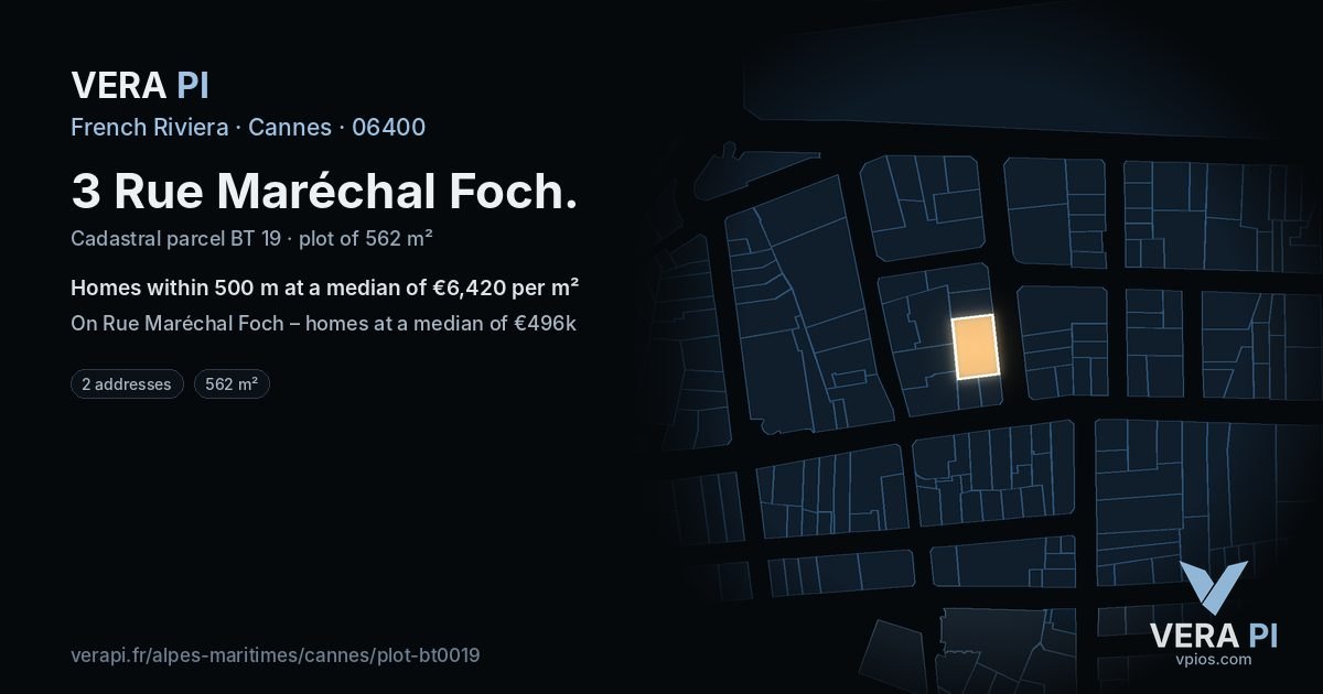 3 Rue Maréchal Foch, Cannes at night – the plot lit, the parcels around coloured by the prices near them