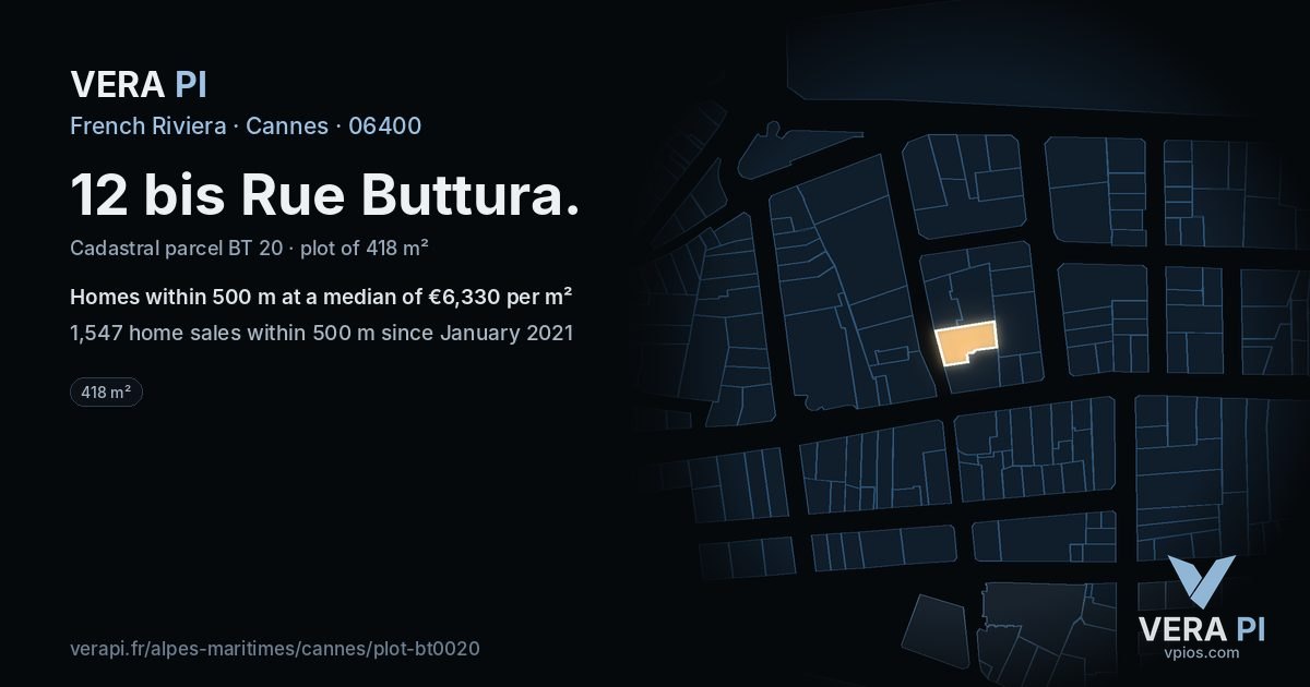 12 bis Rue Buttura, Cannes at night – the plot lit, the parcels around coloured by the prices near them