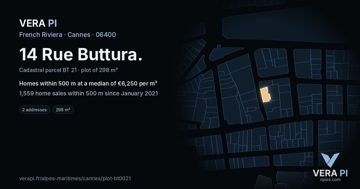 14 Rue Buttura, Cannes at night – the plot lit, the parcels around coloured by the prices near them