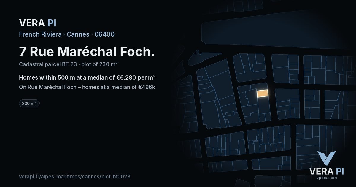 7 Rue Maréchal Foch, Cannes at night – the plot lit, the parcels around coloured by the prices near them