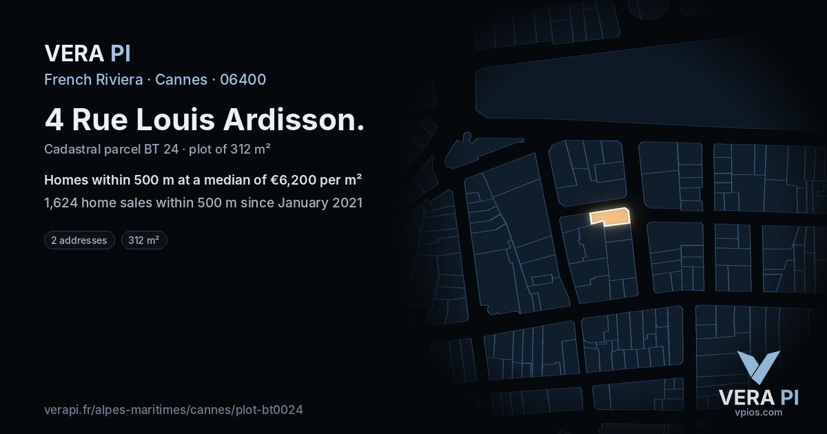 4 Rue Louis Ardisson, Cannes at night – the plot lit, the parcels around coloured by the prices near them