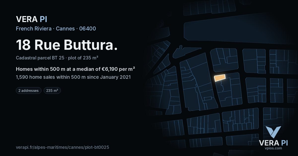 18 Rue Buttura, Cannes at night – the plot lit, the parcels around coloured by the prices near them