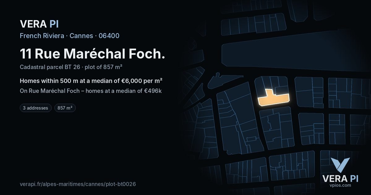 11 Rue Maréchal Foch, Cannes at night – the plot lit, the parcels around coloured by the prices near them