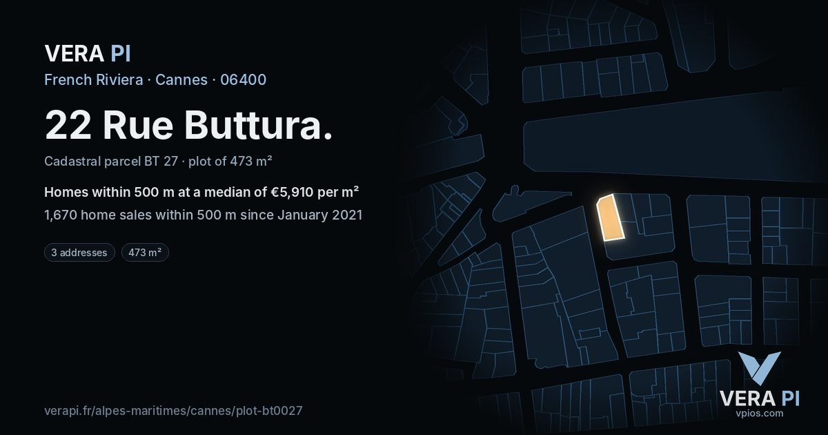 22 Rue Buttura, Cannes at night – the plot lit, the parcels around coloured by the prices near them