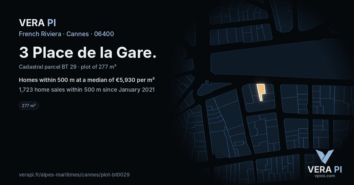 3 Place de la Gare, Cannes at night – the plot lit, the parcels around coloured by the prices near them