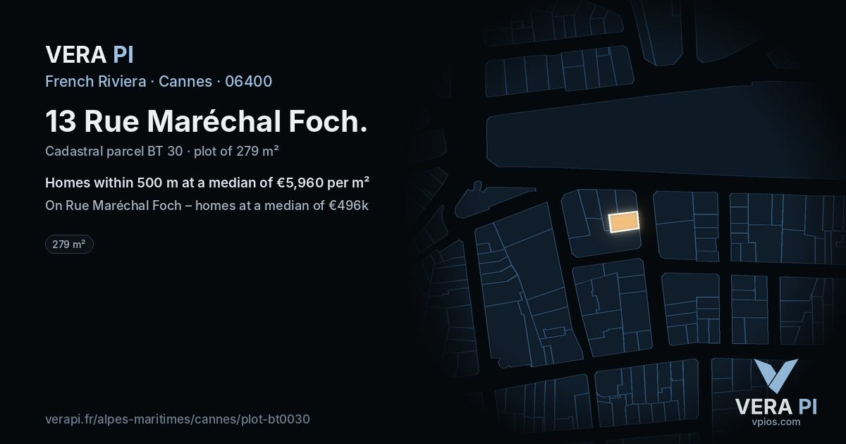 13 Rue Maréchal Foch, Cannes at night – the plot lit, the parcels around coloured by the prices near them