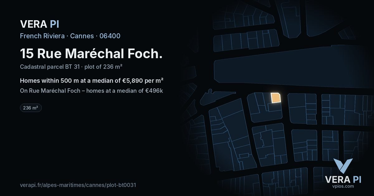 15 Rue Maréchal Foch, Cannes at night – the plot lit, the parcels around coloured by the prices near them
