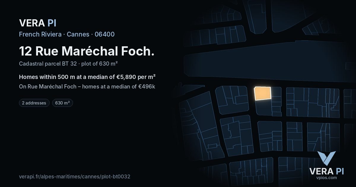 12 Rue Maréchal Foch, Cannes at night – the plot lit, the parcels around coloured by the prices near them