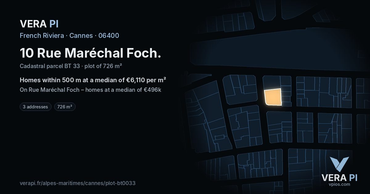 10 Rue Maréchal Foch, Cannes at night – the plot lit, the parcels around coloured by the prices near them