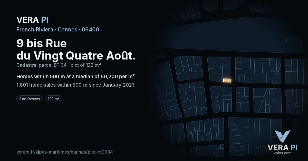 9 bis Rue du Vingt Quatre Août, Cannes at night – the plot lit, the parcels around coloured by the prices near them