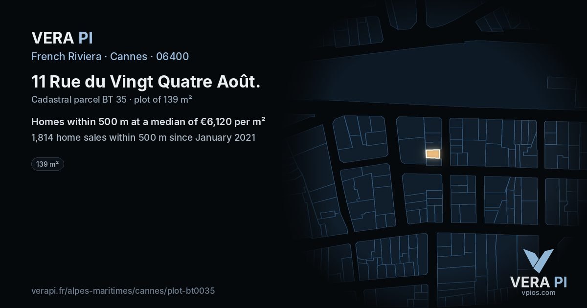 11 Rue du Vingt Quatre Août, Cannes at night – the plot lit, the parcels around coloured by the prices near them