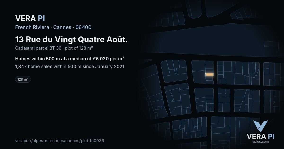 13 Rue du Vingt Quatre Août, Cannes at night – the plot lit, the parcels around coloured by the prices near them