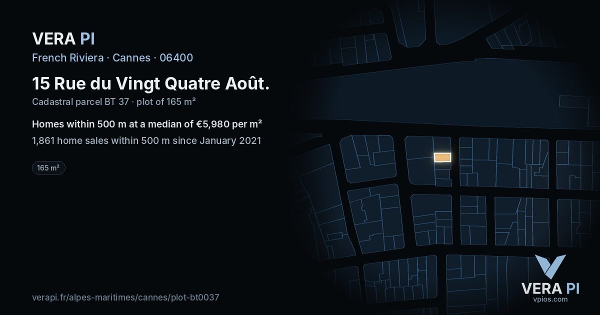15 Rue du Vingt Quatre Août, Cannes at night – the plot lit, the parcels around coloured by the prices near them