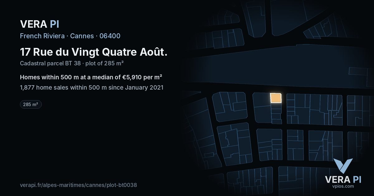 17 Rue du Vingt Quatre Août, Cannes at night – the plot lit, the parcels around coloured by the prices near them