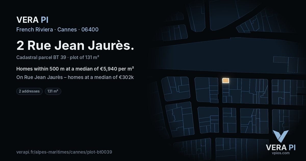 2 Rue Jean Jaurès, Cannes at night – the plot lit, the parcels around coloured by the prices near them