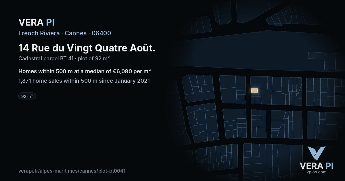 14 Rue du Vingt Quatre Août, Cannes at night – the plot lit, the parcels around coloured by the prices near them