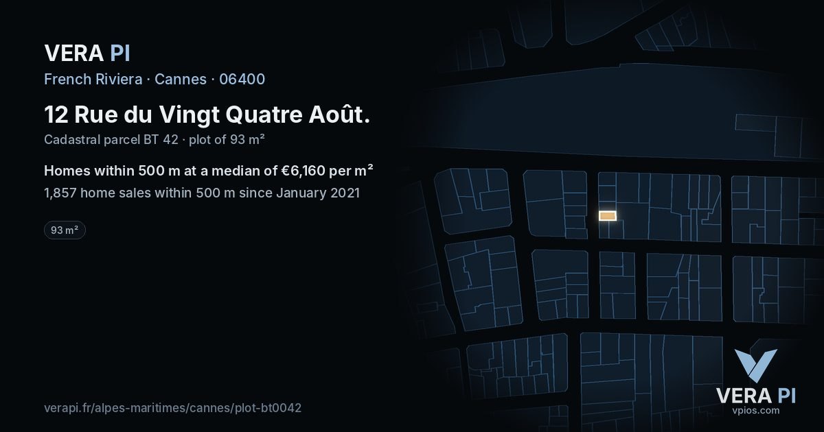 12 Rue du Vingt Quatre Août, Cannes at night – the plot lit, the parcels around coloured by the prices near them