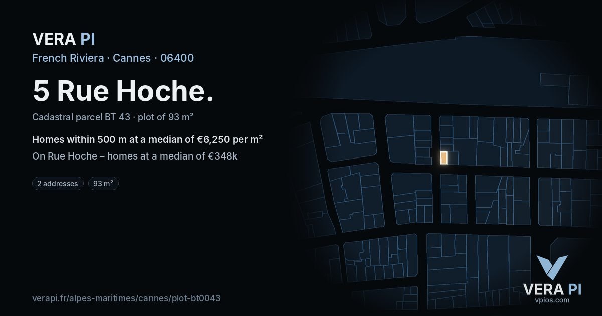 5 Rue Hoche, Cannes at night – the plot lit, the parcels around coloured by the prices near them
