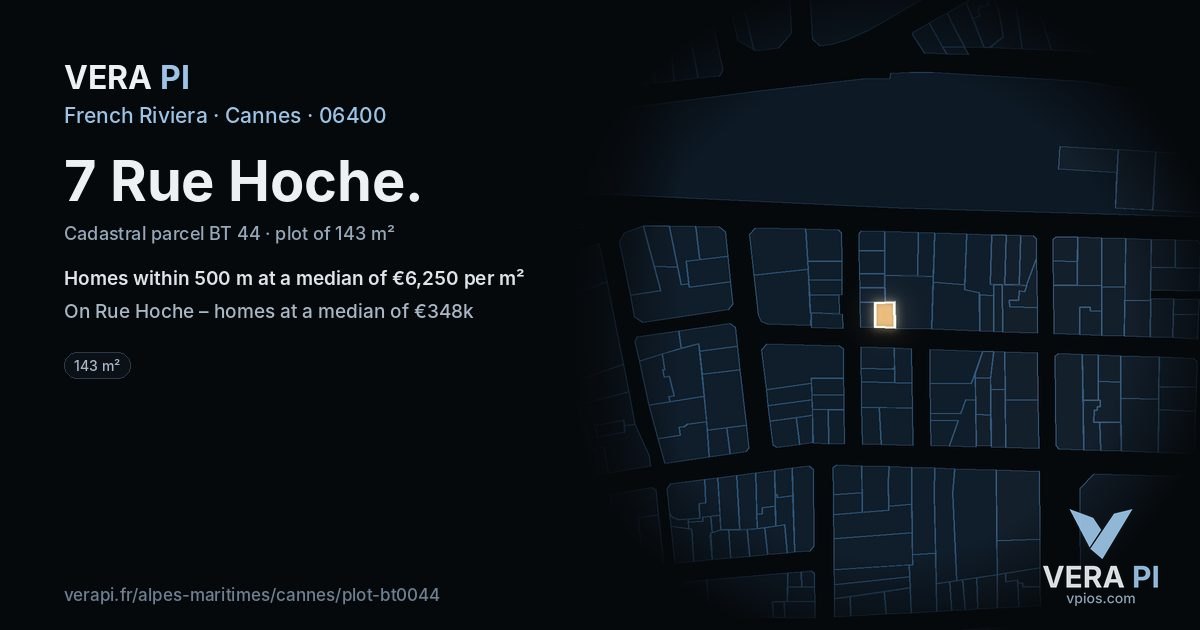 7 Rue Hoche, Cannes at night – the plot lit, the parcels around coloured by the prices near them