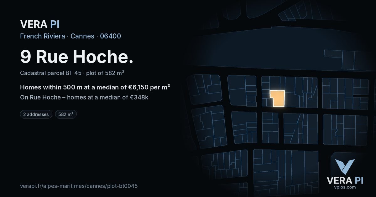 9 Rue Hoche, Cannes at night – the plot lit, the parcels around coloured by the prices near them