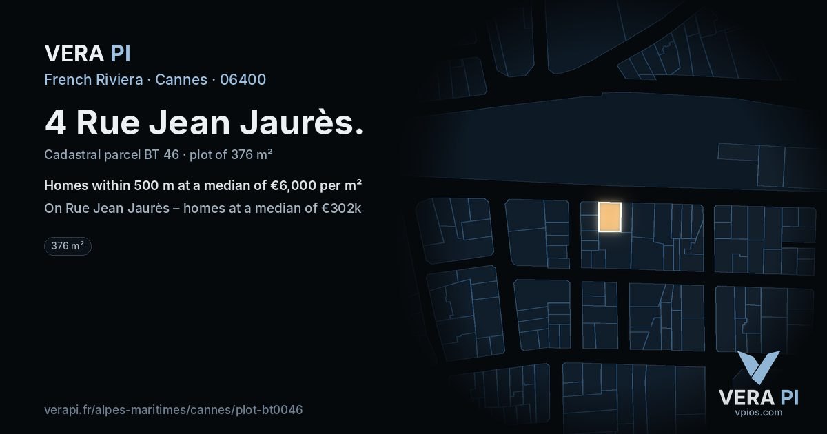 4 Rue Jean Jaurès, Cannes at night – the plot lit, the parcels around coloured by the prices near them