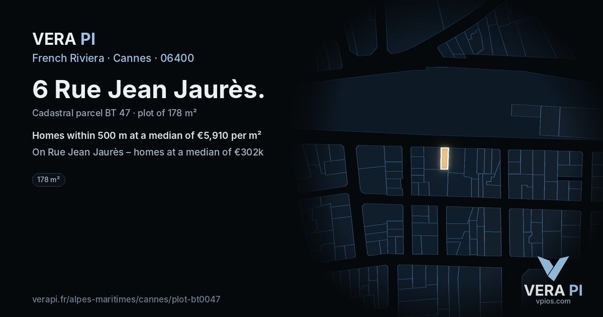 6 Rue Jean Jaurès, Cannes at night – the plot lit, the parcels around coloured by the prices near them