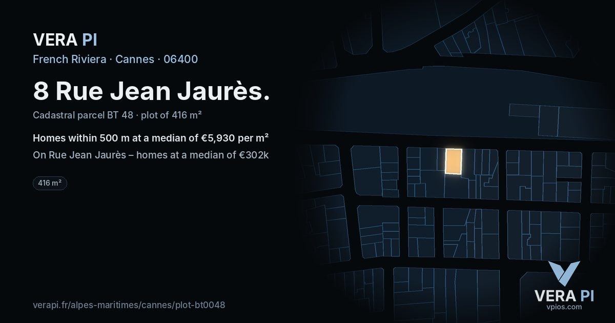 8 Rue Jean Jaurès, Cannes at night – the plot lit, the parcels around coloured by the prices near them